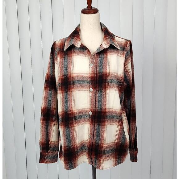 Zenana Fireside Plaid Shacket Button Front Collared Brown Cream Size Small - Picture 1 of 12